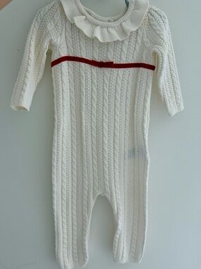 Janie and Jack Cream Cable-Knit One-Piece with Red Ribbon Trim